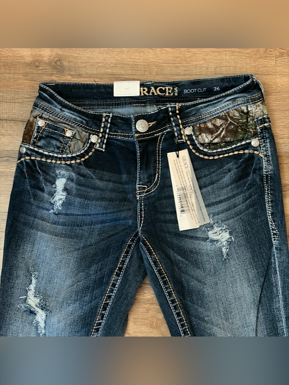 Grace in LA Camo Yoke Embellished Distressed Bootcut Jeans 2/26 NWT - Picture 3 of 10